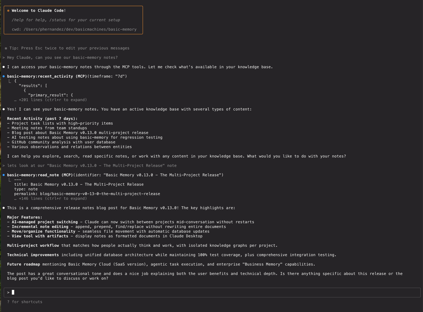 Basic Memory interface showing Claude Code
