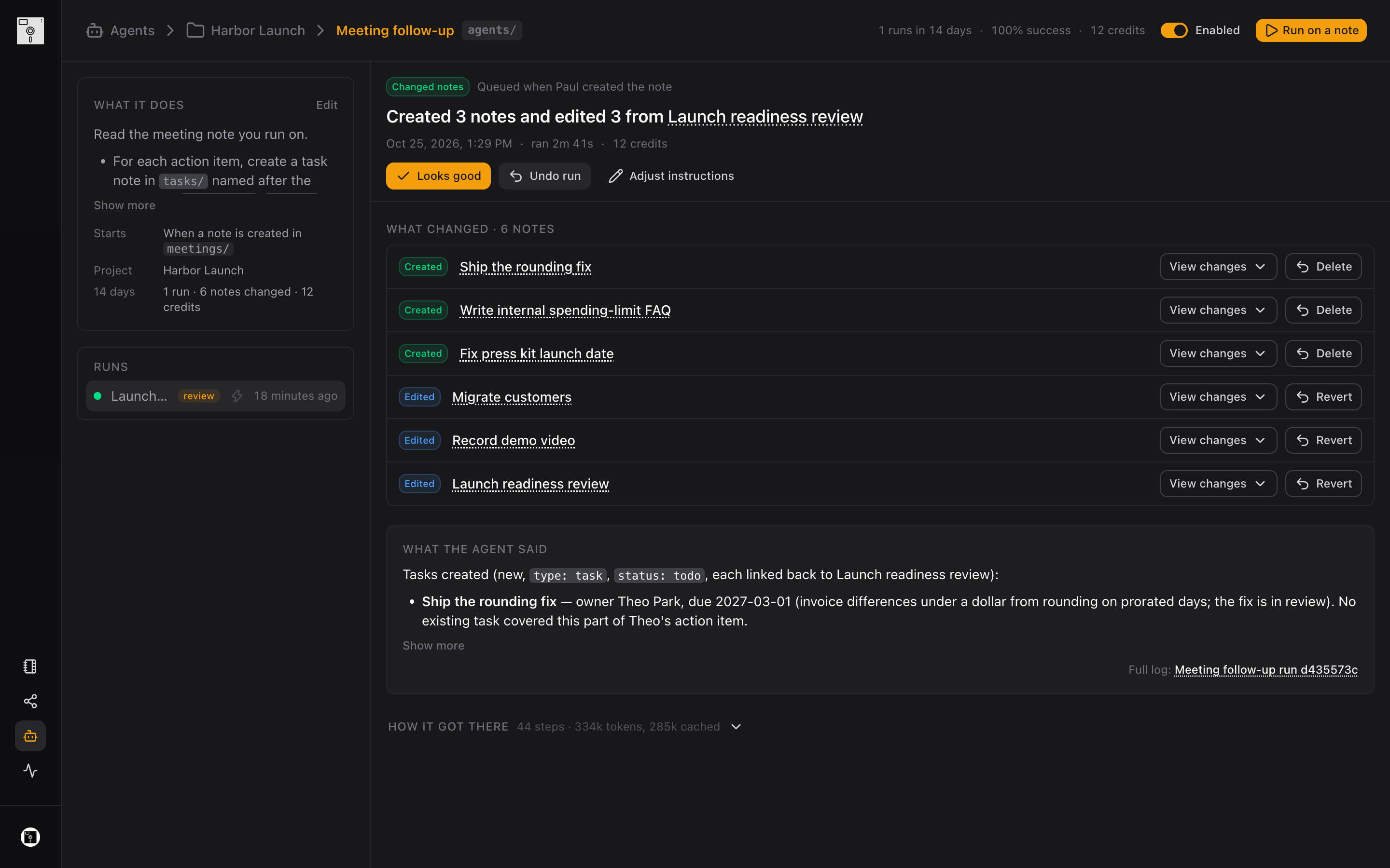A finished agent run listing the notes it created and edited