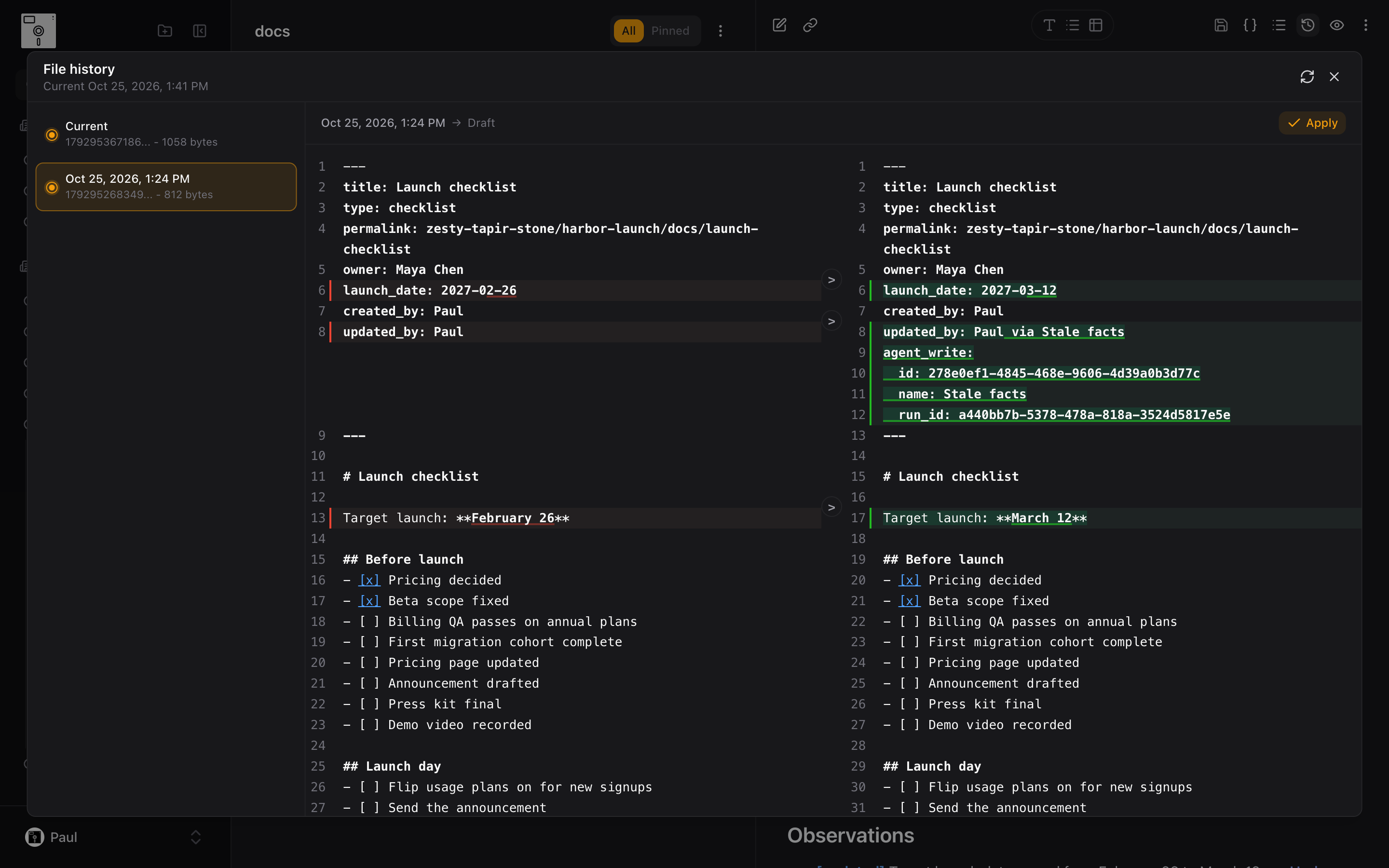 File history for the launch checklist: the agent's edit beside the earlier version, with its authorship recorded