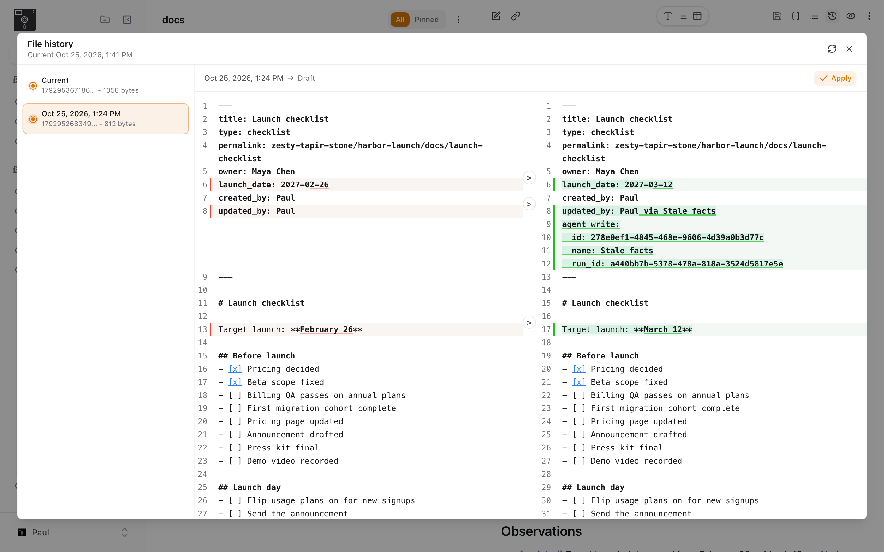 File history for the launch checklist: the agent's edit beside the earlier version, with its authorship recorded