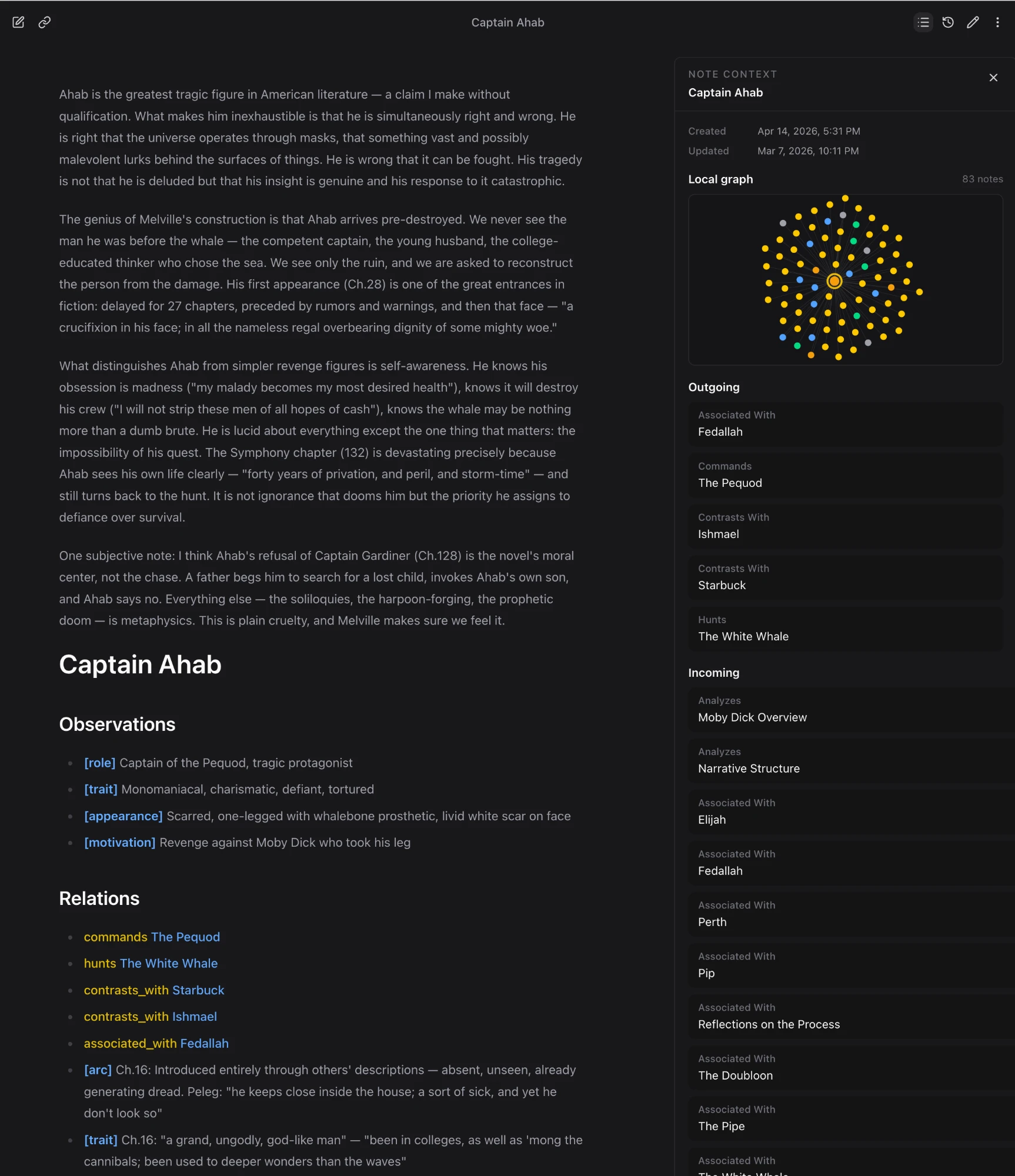 Captain Ahab note open in Basic Memory web app, with Note Context sidebar showing the local graph (83 notes), outgoing relations including commands The Pequod and hunts The White Whale, and incoming relations from analyses, chapters, and associated characters