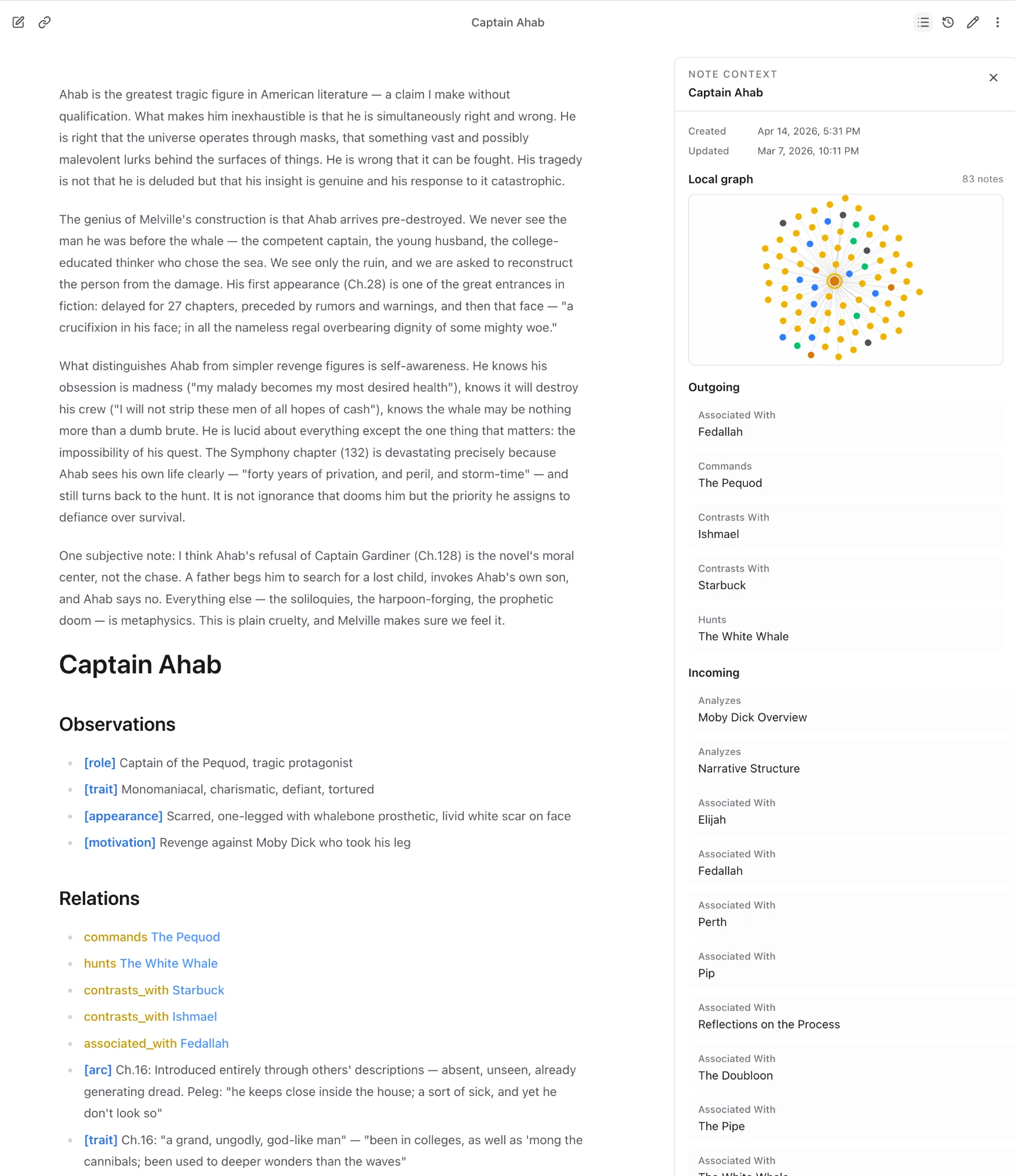 Captain Ahab note open in Basic Memory web app, with Note Context sidebar showing the local graph (83 notes), outgoing relations including commands The Pequod and hunts The White Whale, and incoming relations from analyses, chapters, and associated characters