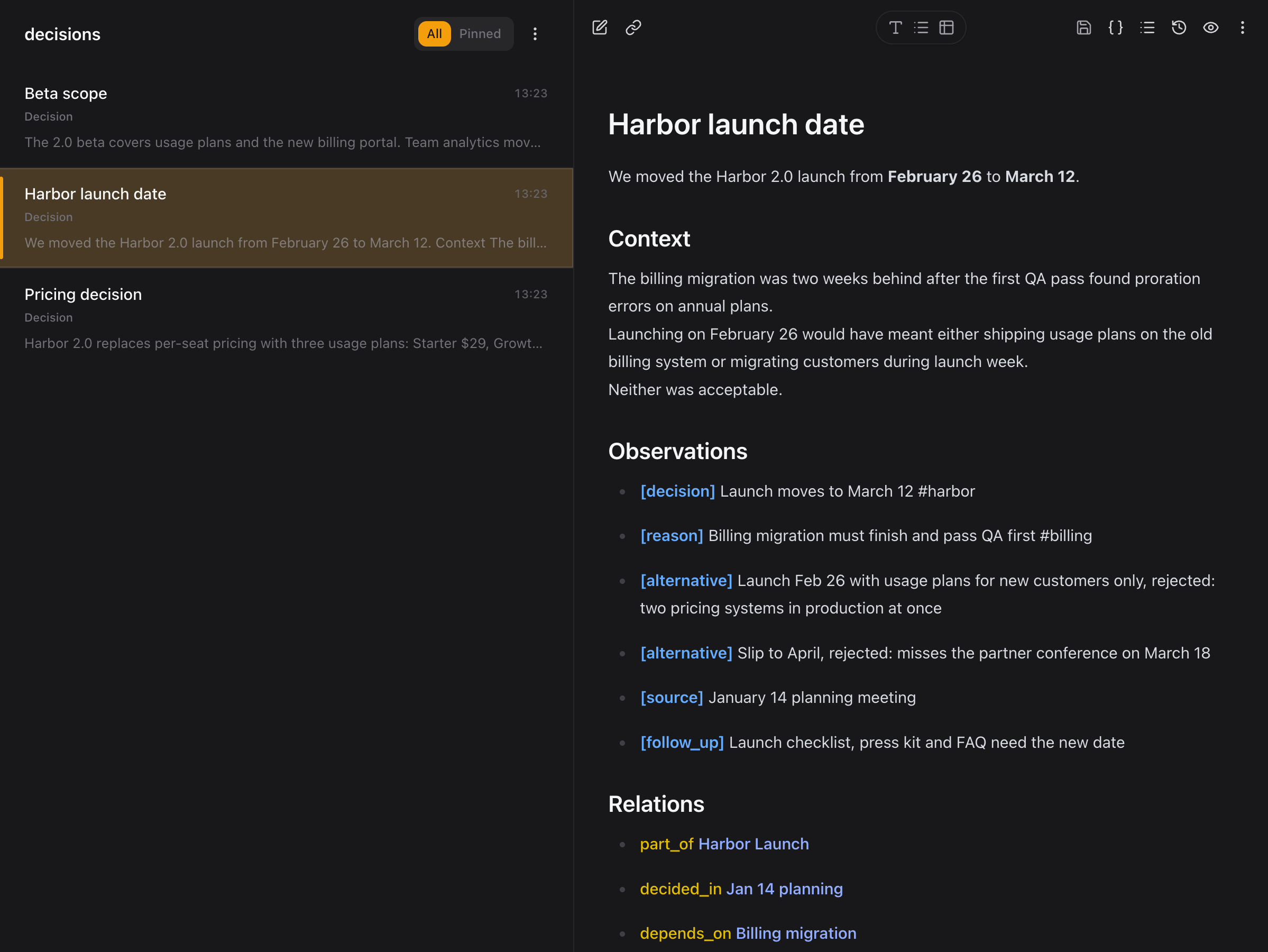 A decision note in the Basic Memory editor: why the Harbor launch moved to March 12, with typed observations and links to related notes