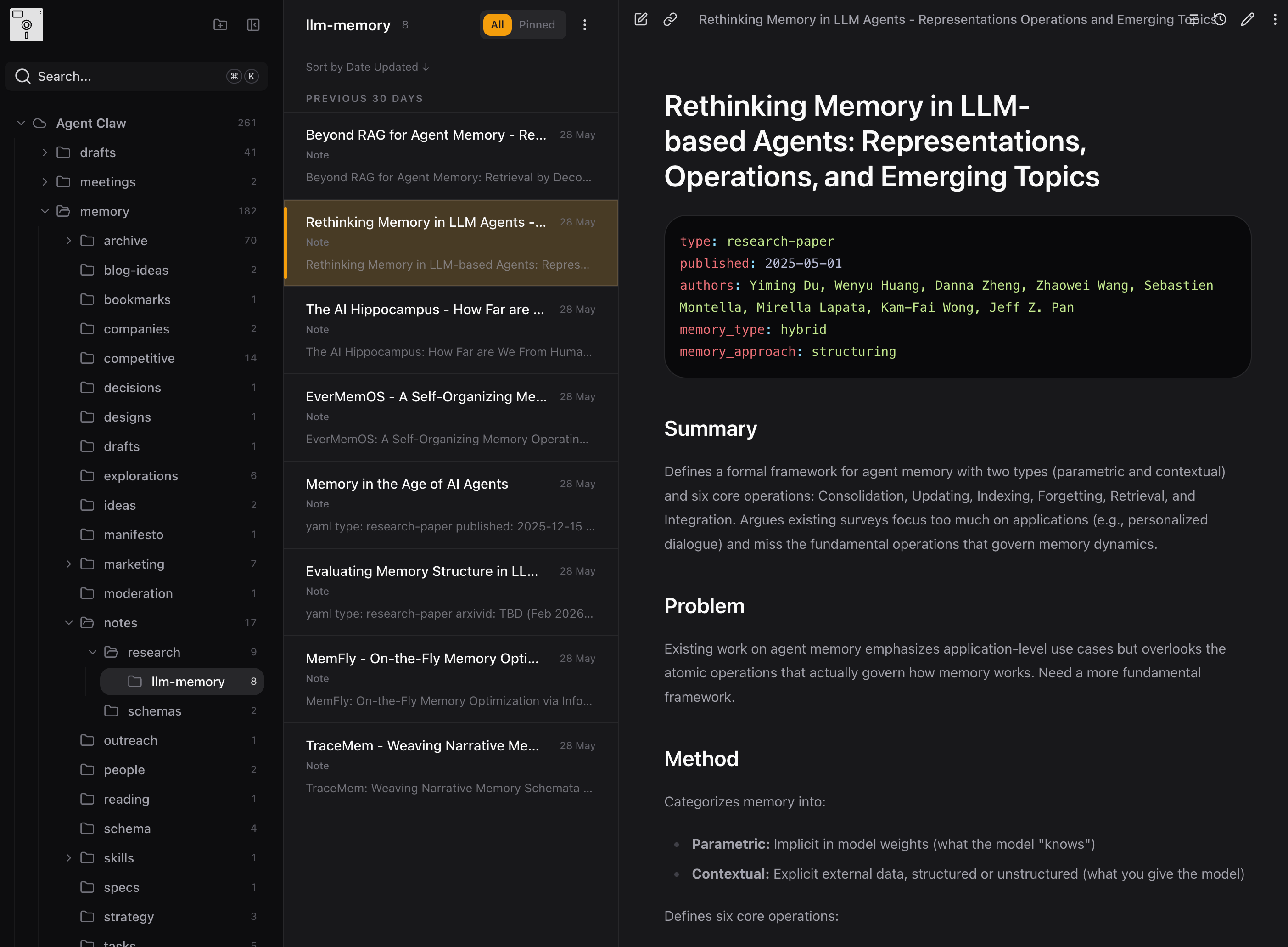 Basic Memory Cloud web app showing an OpenClaw agent's research notes on memory papers, with a folder tree on the left, a list of papers in the middle, and the open paper note on the right showing structured frontmatter and Summary, Problem, and Method sections