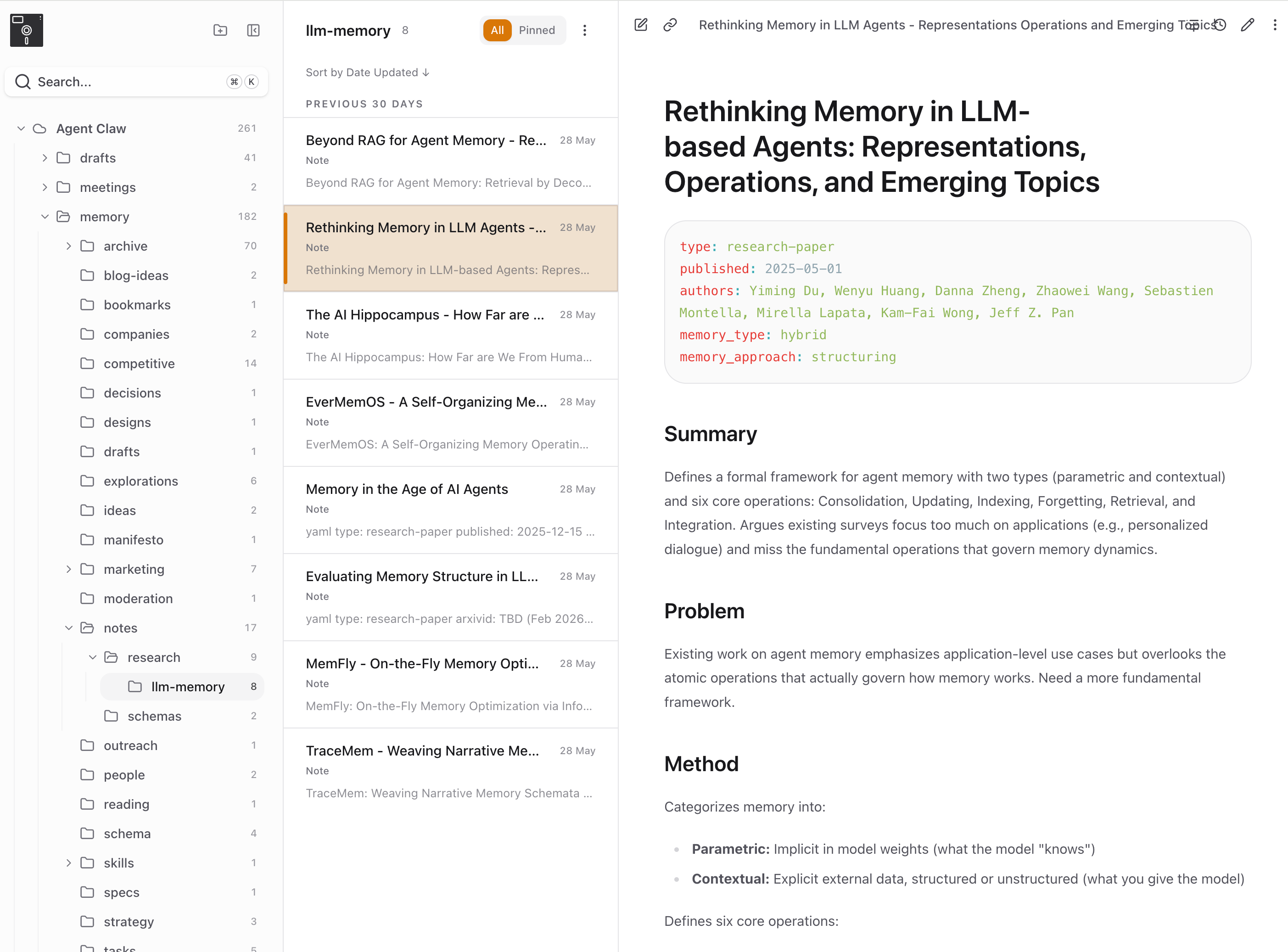 Basic Memory Cloud web app showing an OpenClaw agent's research notes on memory papers, with a folder tree on the left, a list of papers in the middle, and the open paper note on the right showing structured frontmatter and Summary, Problem, and Method sections