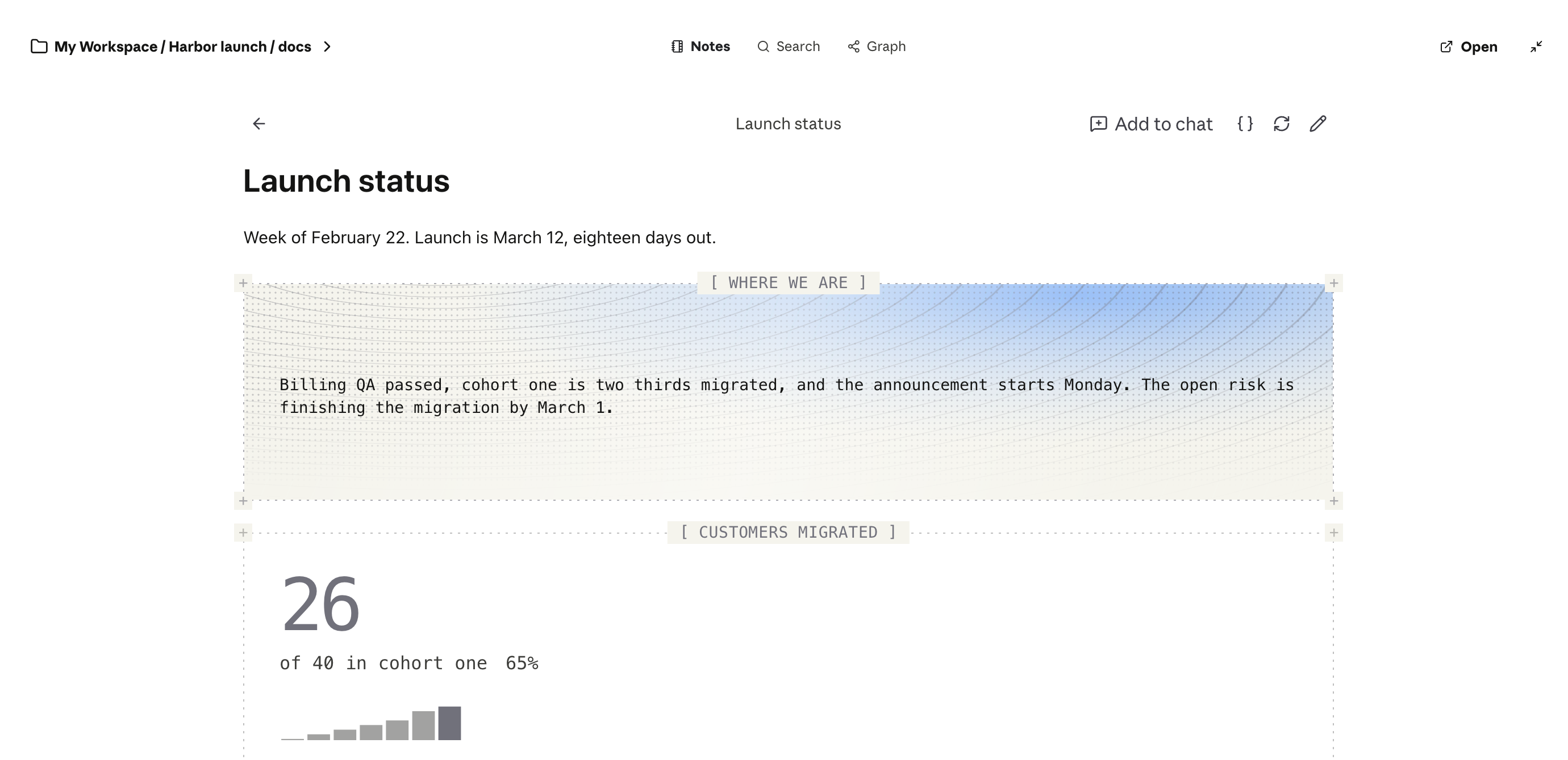 Pocketbook inside a Claude conversation, showing the Harbor launch status note