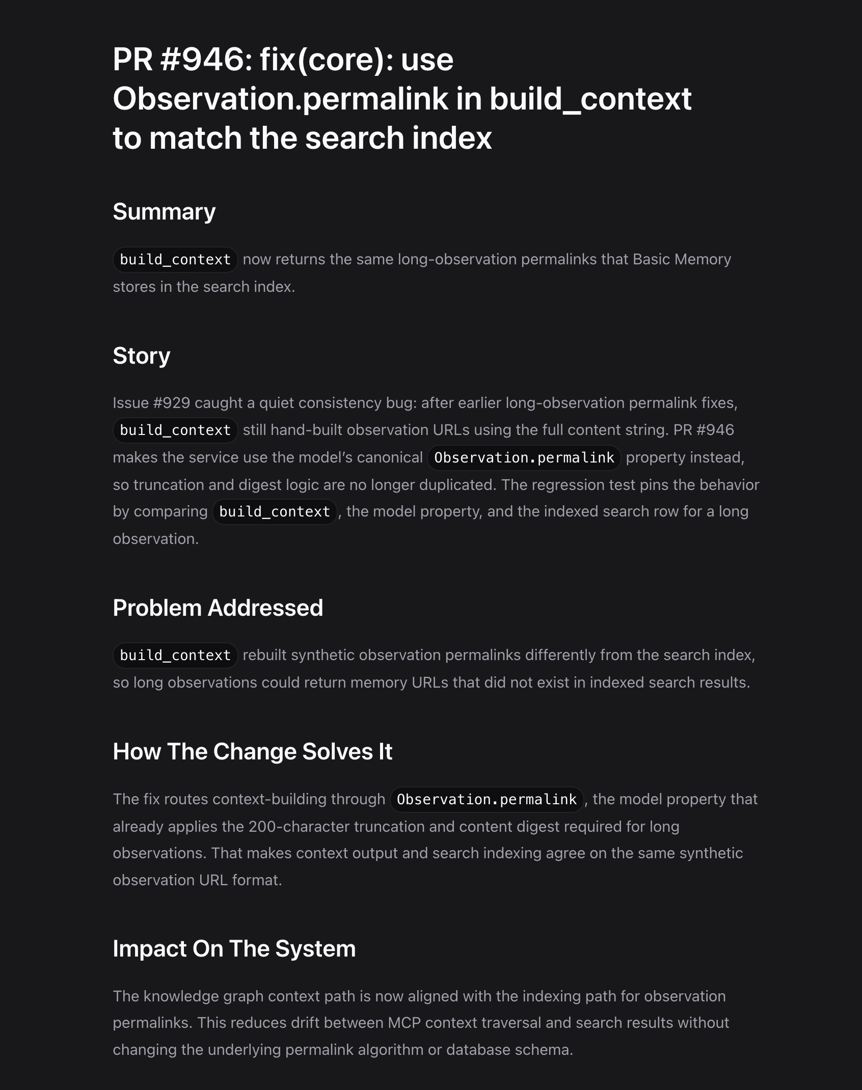 Basic Memory web app showing the project-update note for PR #946 — Summary, Story, Problem Addressed, How The Change Solves It, and Impact On The System sections, written in narrative prose by the CI agent