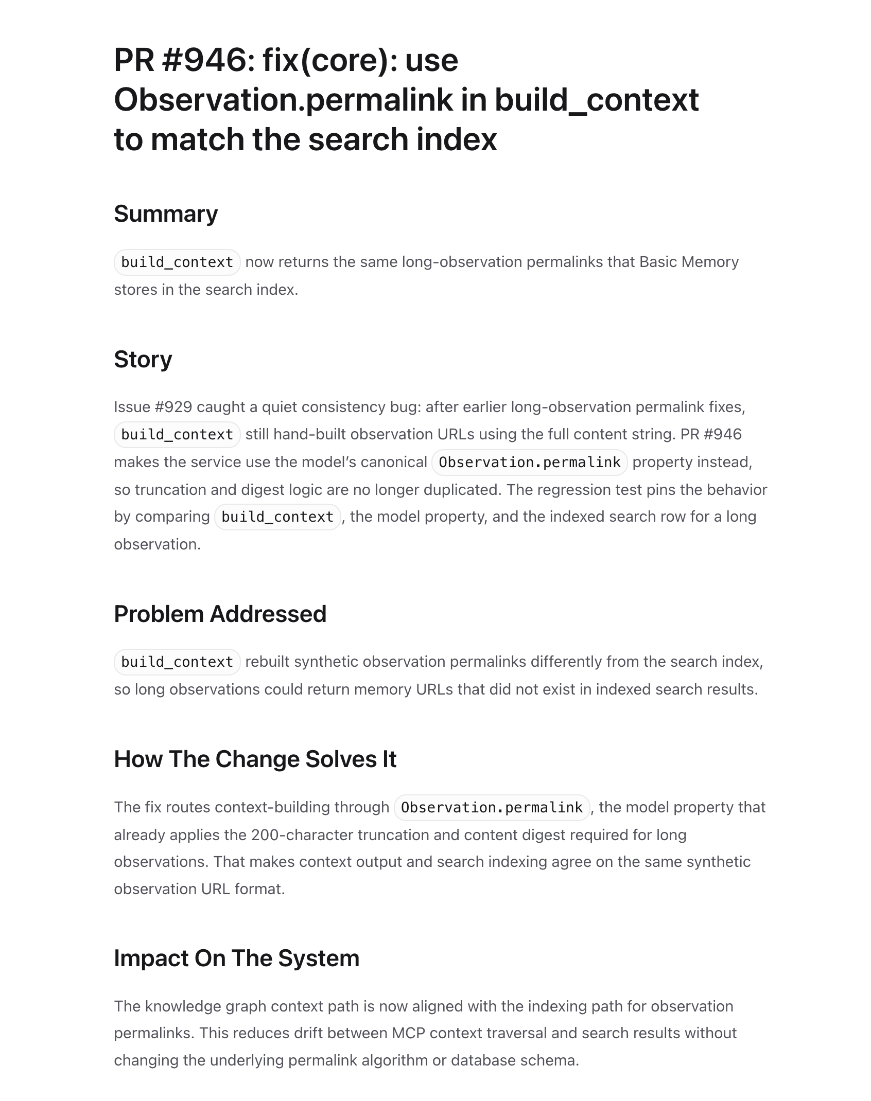 Basic Memory web app showing the project-update note for PR #946 — Summary, Story, Problem Addressed, How The Change Solves It, and Impact On The System sections, written in narrative prose by the CI agent