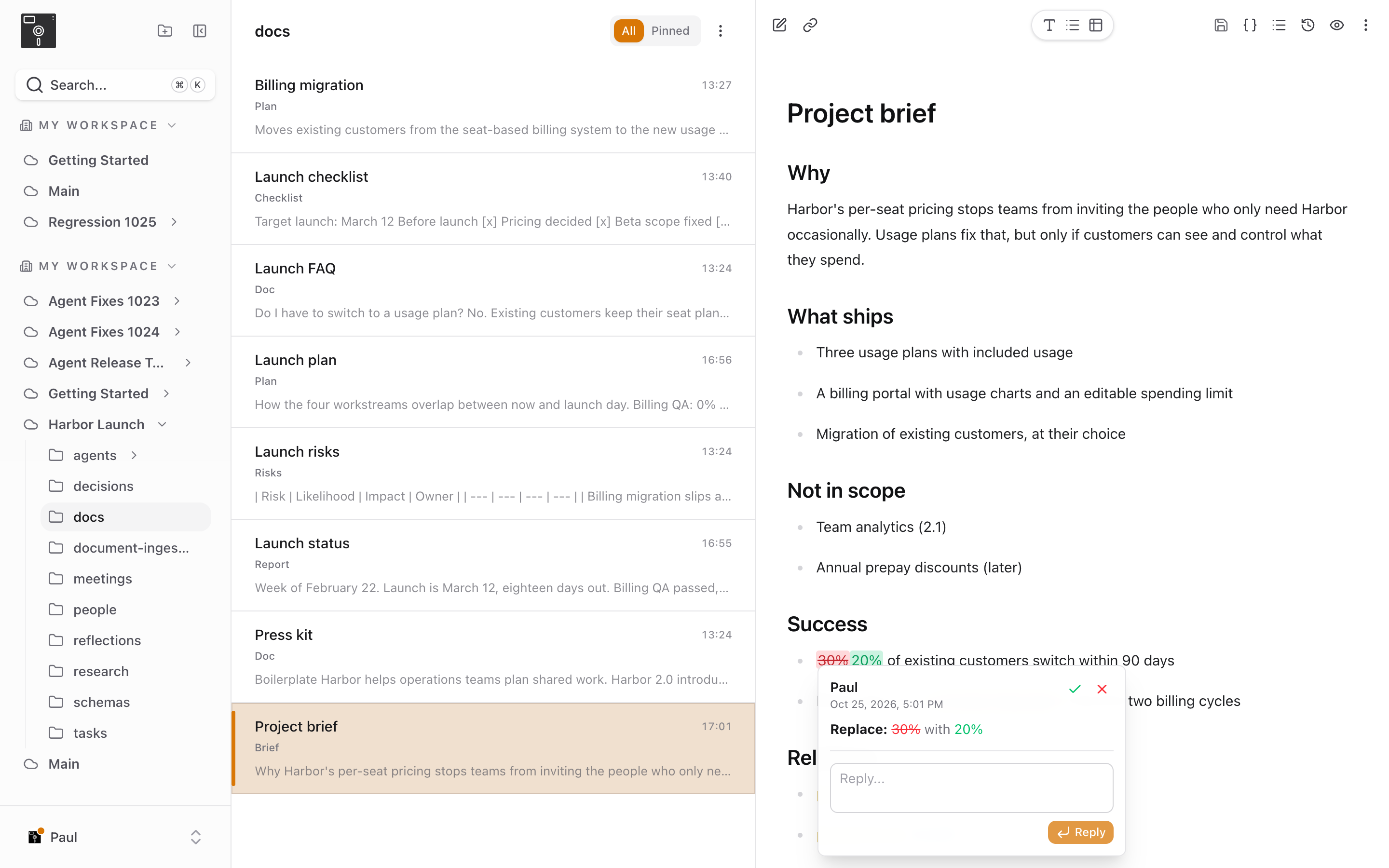 A suggested edit in a Harbor note, 30% struck through and 20% proposed, with a highlighted comment on the next line