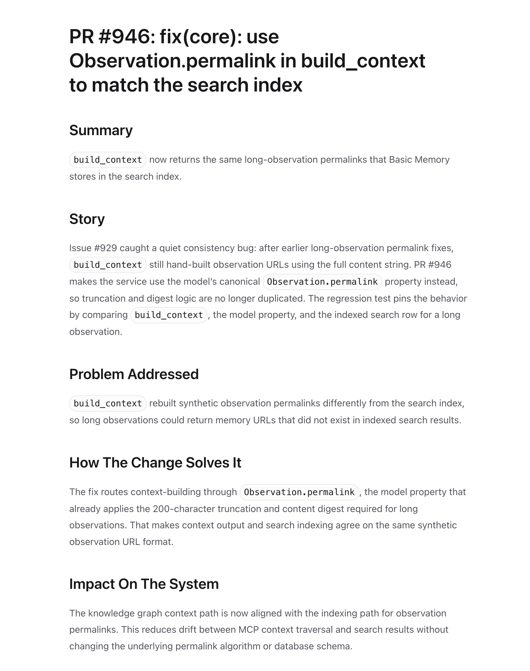 Basic Memory web app showing the project-update note for PR #946 — Summary, Story, Problem Addressed, How The Change Solves It, and Impact On The System sections, written in narrative prose by the CI agent