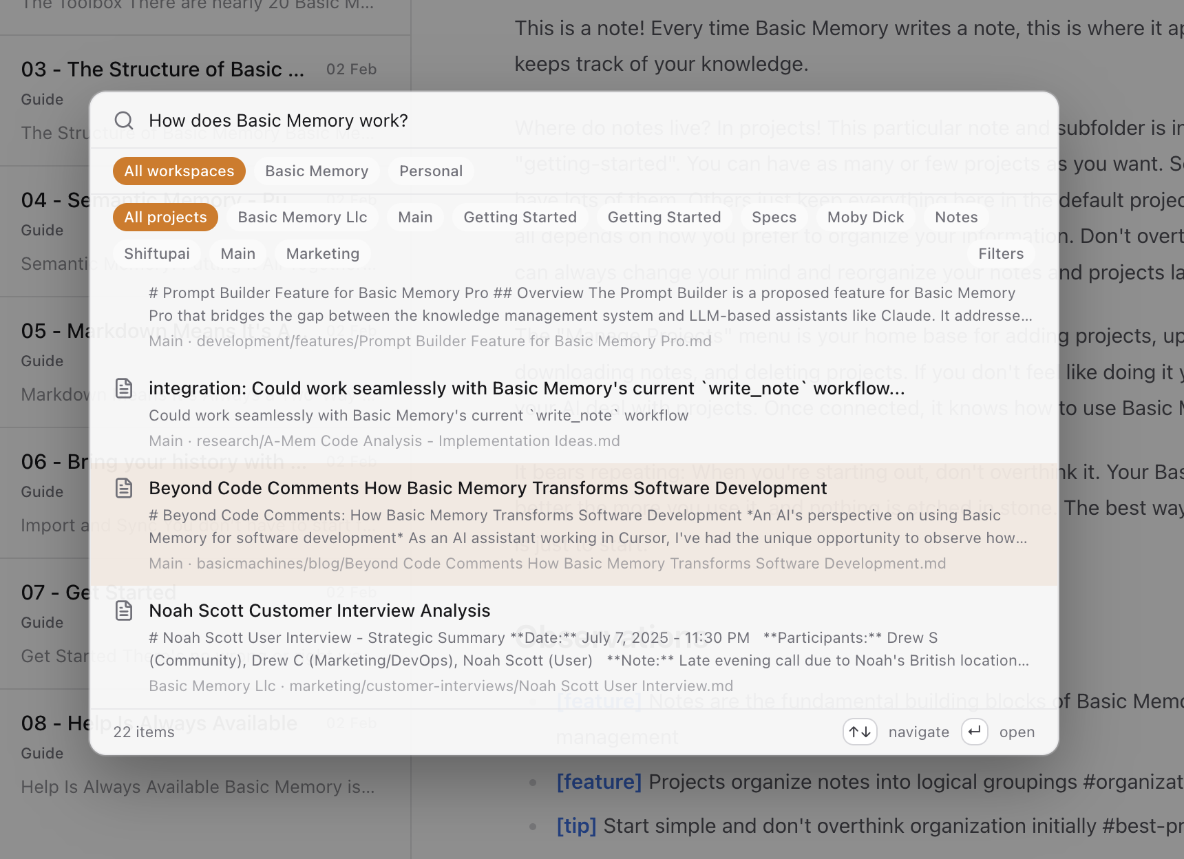Basic Memory search results filtering notes in the web app